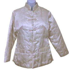 Vintage 80s NWT Fortune Quilted Jacket L Asian Brocade Pockets Frogs Satin Ivory